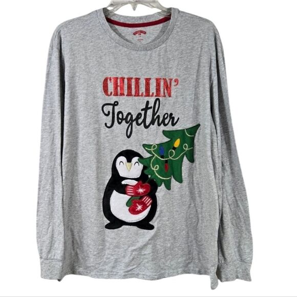 Penguin Embroidered Women's Long Sleeve T-shirt Large Gray Festive Holiday Tee - Picture 1 of 11